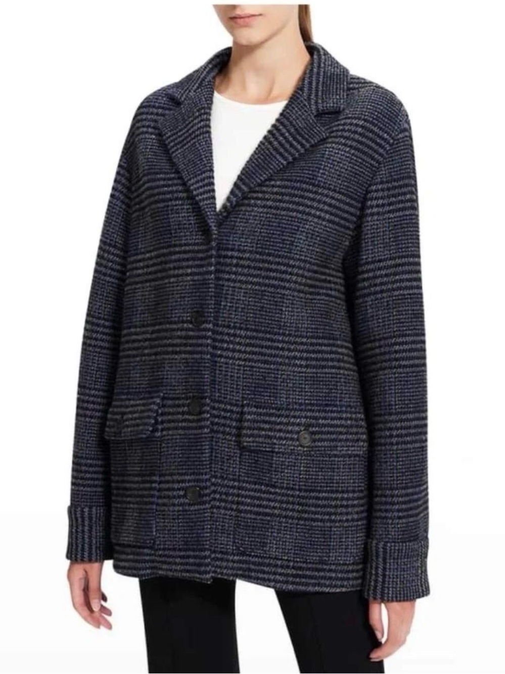 Theory Darwin Tweed Single Breasted Navy Plaid Blazer Jacket